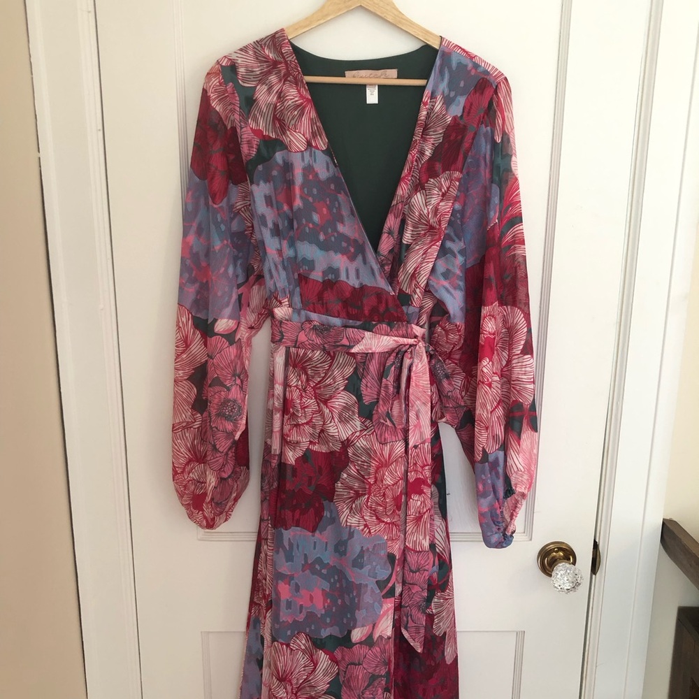 Anthropologie Hutch Pink and Green floral kimono wrap dress